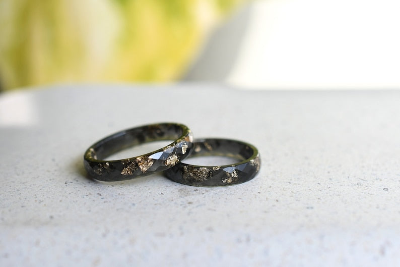Black Resin Ring with Gold Leaf – Thin Unisex Band for Everyday Wear, Unique Engagement or Wedding Ring, Lightweight and Hypoallergenic