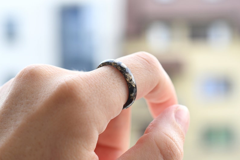 Black Resin Ring with Gold Leaf – Thin Unisex Band for Everyday Wear, Unique Engagement or Wedding Ring, Lightweight and Hypoallergenic