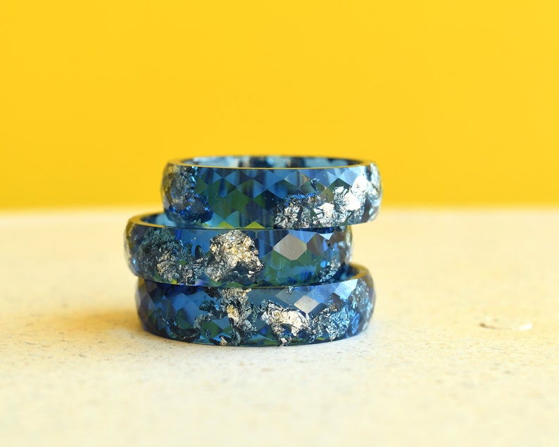 Navy Blue Faceted Ring with Silver Leaf - Sophisticated Statement Piece - Men's Rings - Unisex Resin Ring