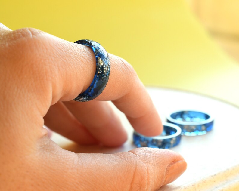 Navy Blue Faceted Ring with Silver Leaf - Sophisticated Statement Piece - Men's Rings - Unisex Resin Ring