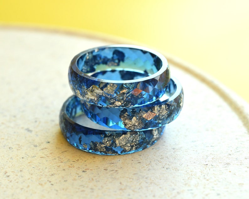Navy Blue Faceted Ring with Silver Leaf - Sophisticated Statement Piece - Men's Rings - Unisex Resin Ring