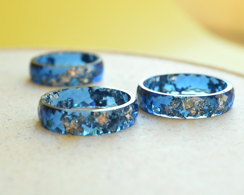 Navy Blue Faceted Ring with Silver Leaf - Sophisticated Statement Piece - Men's Rings - Unisex Resin Ring