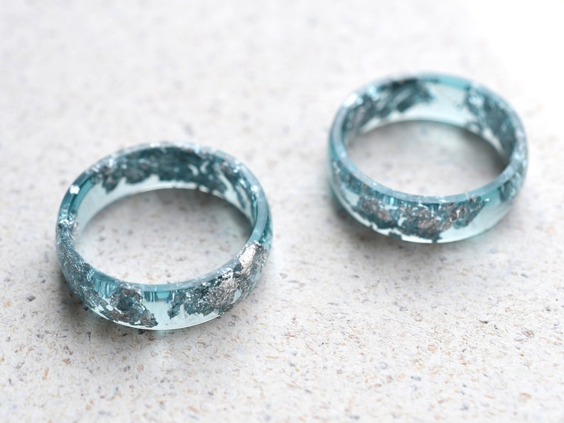 Smooth Aquamarine Resin Ring With Silver Leaf - Alternative Engagement Ring