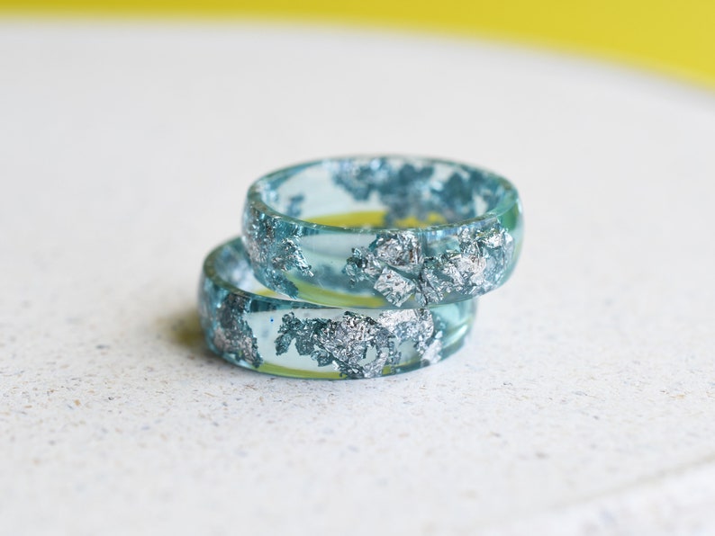 Smooth Aquamarine Resin Ring With Silver Leaf - Alternative Engagement Ring