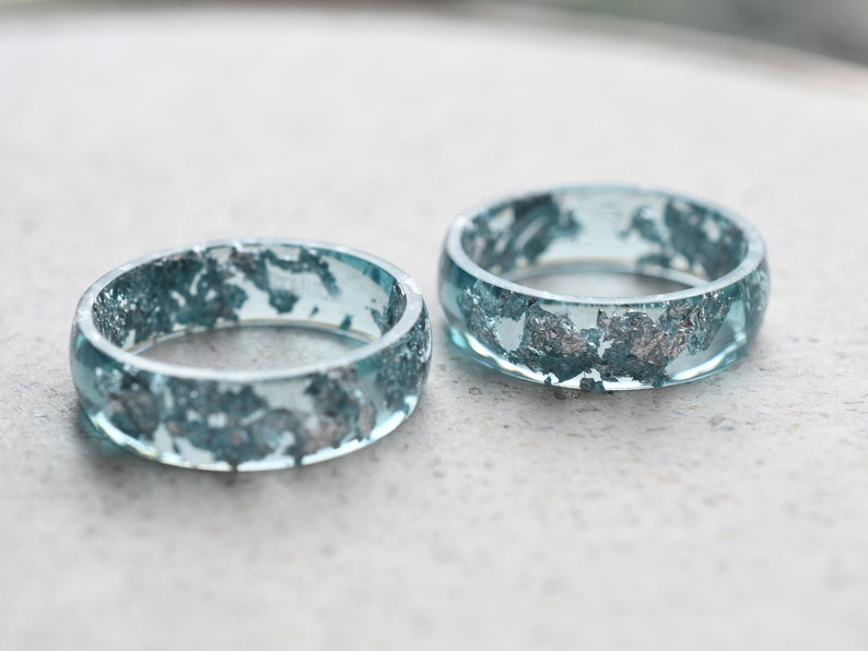 Smooth Aquamarine Resin Ring With Silver Leaf - Alternative Engagement Ring
