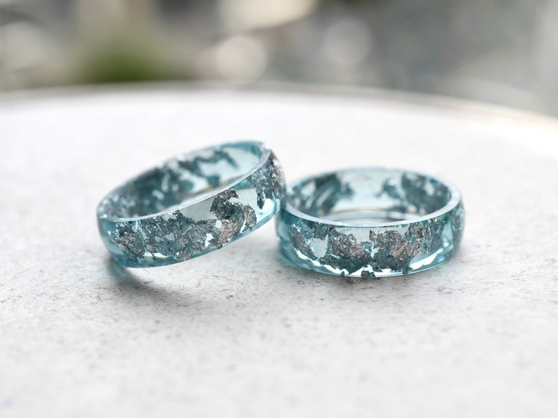 Smooth Aquamarine Resin Ring With Silver Leaf - Alternative Engagement Ring
