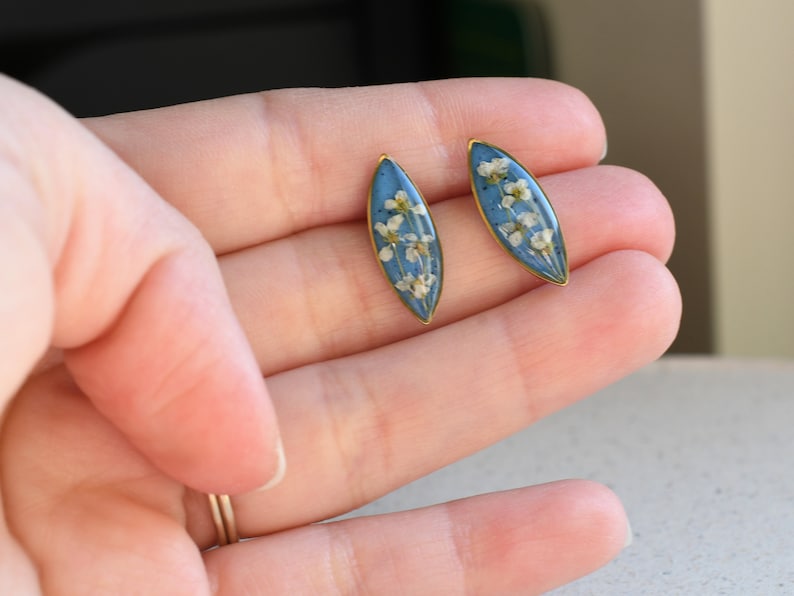 Alyssum Flowers Blue Stud Earrings - Surgical Steel Post Earrings - Real Flower Jewelry - Something Blue