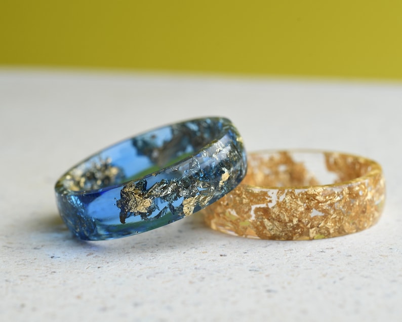 Sapphire Blue Resin Ring With Gold Leaf - Smooth Finish Wide Men's Ring - Unisex Ring