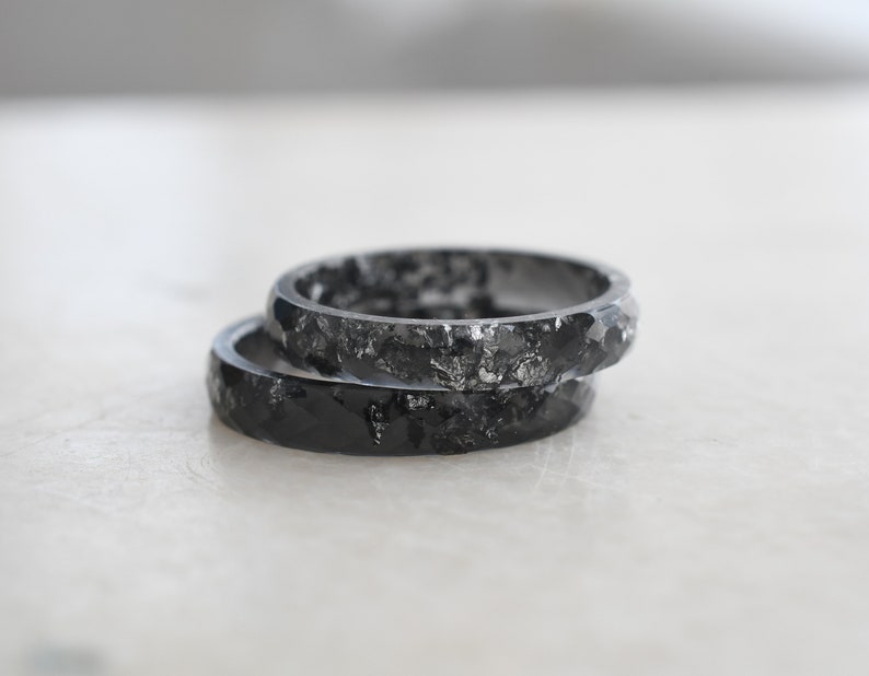 Black Resin Ring With Silver Leaf - Black Men's Ring - Thin Faceted Stacking Ring