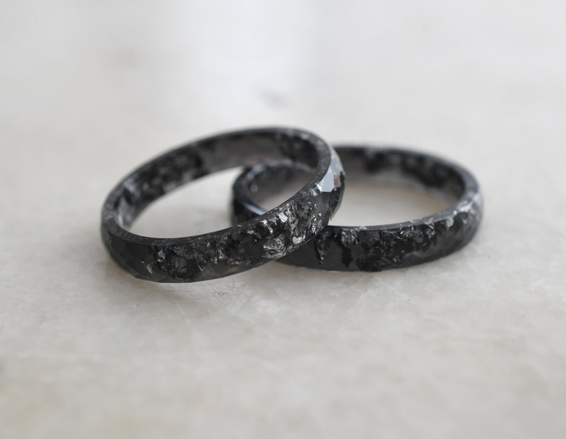 Black Resin Ring With Silver Leaf - Black Men's Ring - Thin Faceted Stacking Ring
