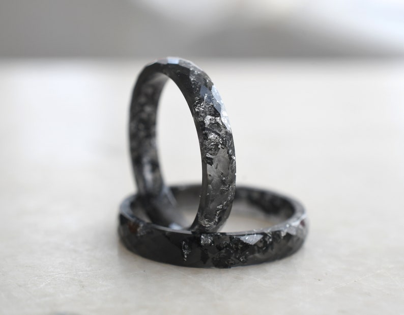 Black Resin Ring With Silver Leaf - Black Men's Ring - Thin Faceted Stacking Ring