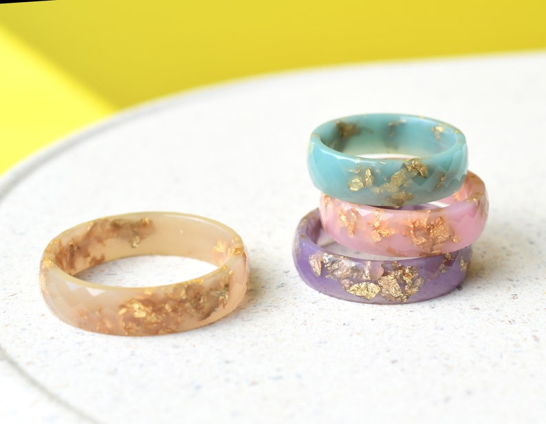 Pastel Colors Resin Rings with Gold Leaf - Wide Faceted Rings - Pink, Blue, Purple and Nude Rings