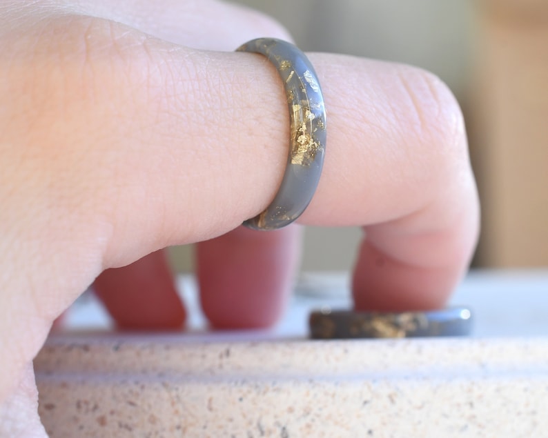 Matte Gray Resin Ring with Gold Leaf – Handmade Thin Stacking Band, Unisex Hypoallergenic Ring, Modern Alternative Wedding Jewelry