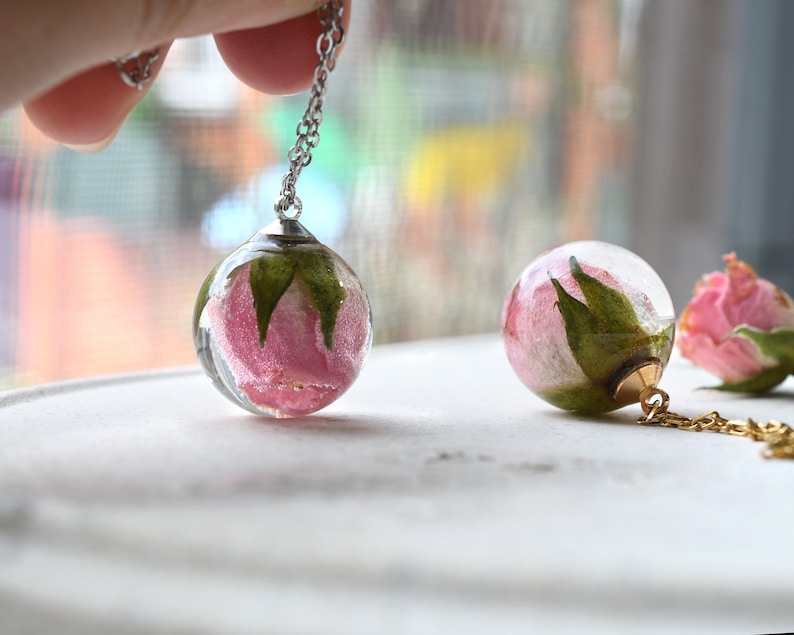 Real Light Pink Rosebud Resin Sphere Pendant Necklace - Dried Flower Jewelry for Her - Real Rose Necklace