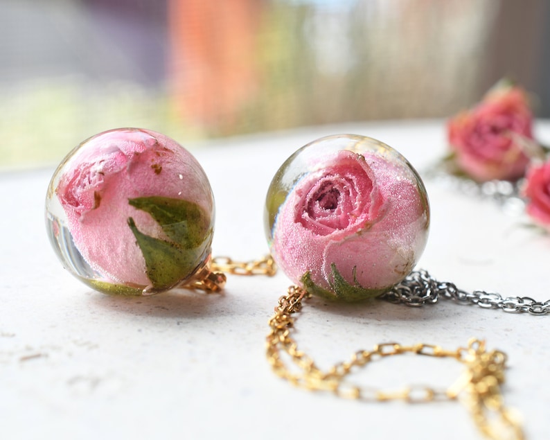 Real Light Pink Rosebud Resin Sphere Pendant Necklace - Dried Flower Jewelry for Her - Real Rose Necklace