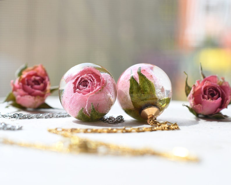 Real Light Pink Rosebud Resin Sphere Pendant Necklace - Dried Flower Jewelry for Her - Real Rose Necklace