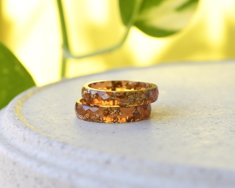 Handmade Faceted Resin Ring with Gold Leaf – Unique, Lightweight, and Hypoallergenic - Amber-Toned Resin Ring - Unique Gift for Her