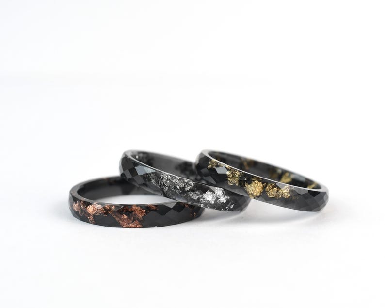 Custom Thin Black Resin Ring – Metallic Leaf in Gold, Silver, or Rose Gold, Stacking Alternative Wedding or Engagement Ring - Ring For Men