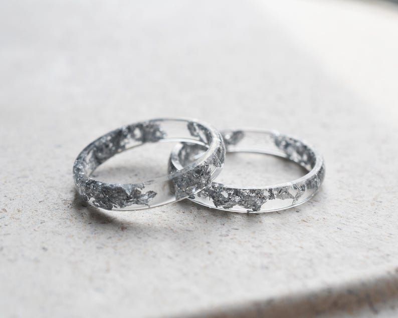 Smooth Silver Leaf Ring in Clear Resin - Wedding Ring Alternative - Hypoallergenic Ring - Thin Stacking Ring