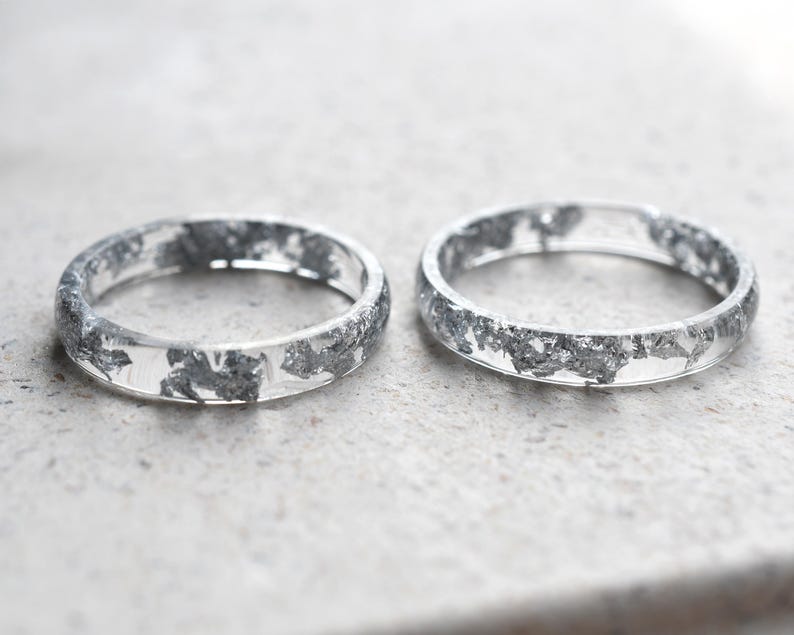 Smooth Silver Leaf Ring in Clear Resin - Wedding Ring Alternative - Hypoallergenic Ring - Thin Stacking Ring