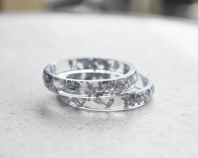 Smooth Silver Leaf Ring in Clear Resin - Wedding Ring Alternative - Hypoallergenic Ring - Thin Stacking Ring