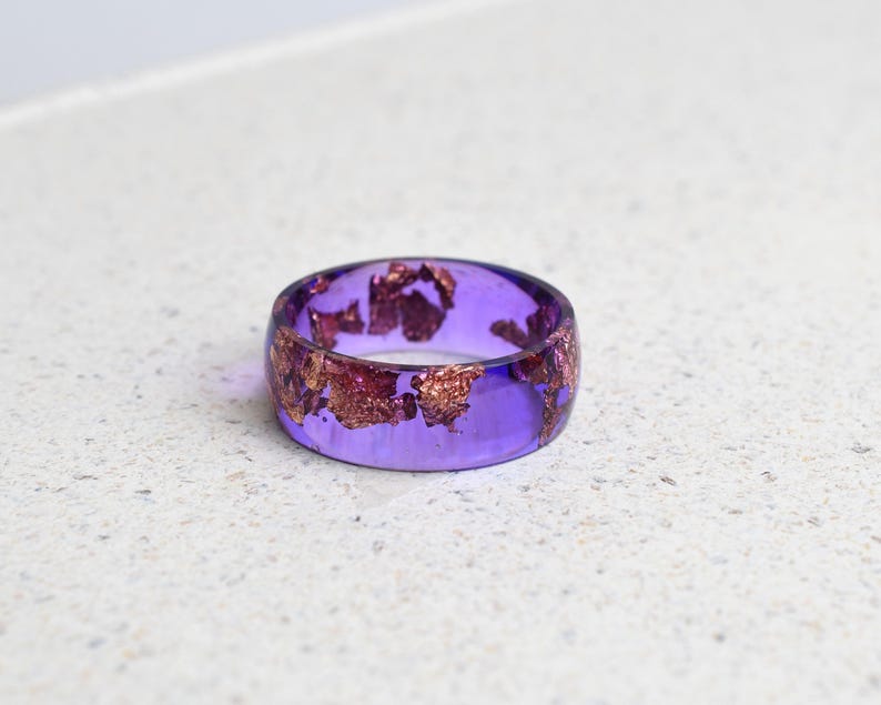 Handmade Smooth Resin Ring with Rose Gold Leaf in Cosmic Violet – Wide 8 mm Statement Band | Alternative Jewelry Gift