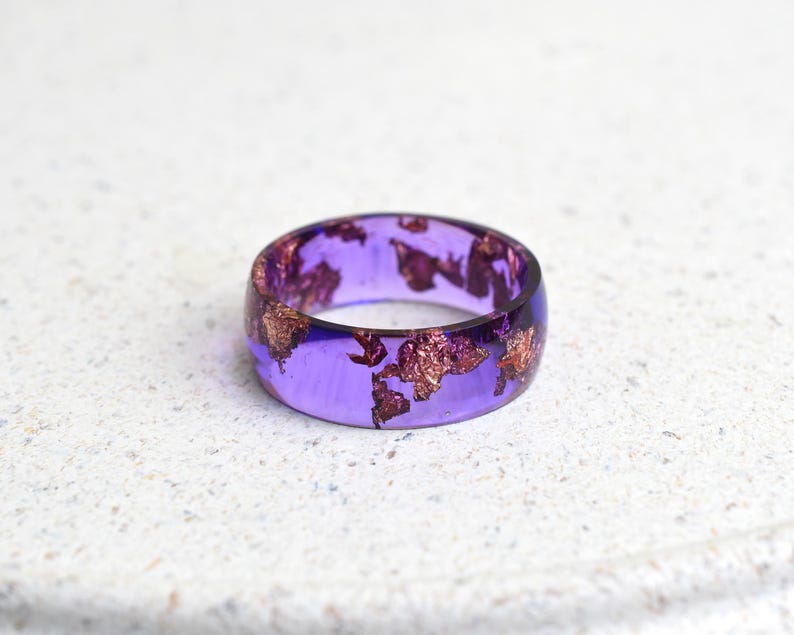 Handmade Smooth Resin Ring with Rose Gold Leaf in Cosmic Violet – Wide 8 mm Statement Band | Alternative Jewelry Gift