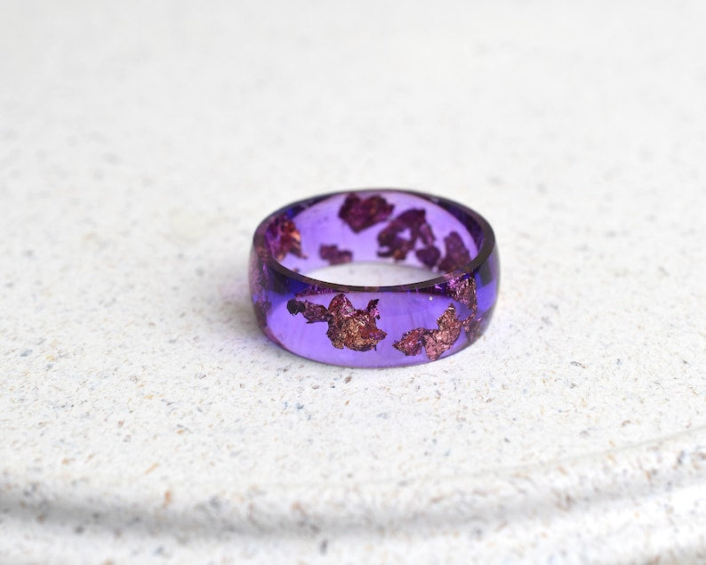 Handmade Smooth Resin Ring with Rose Gold Leaf in Cosmic Violet – Wide 8 mm Statement Band | Alternative Jewelry Gift