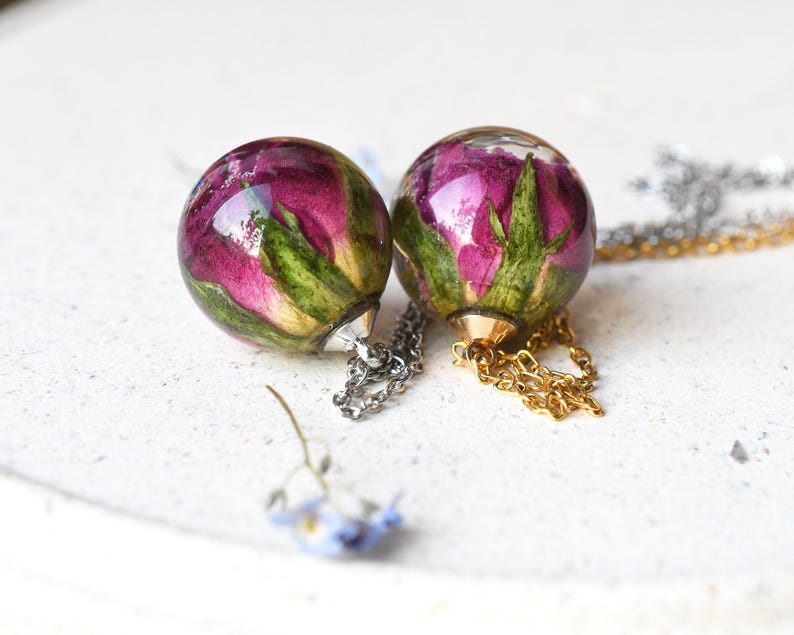 Purple Rose Necklace | Bridesmaid Gift | Real Rosebud in Resin | Wedding Jewelry | Handmade Flower Pendant