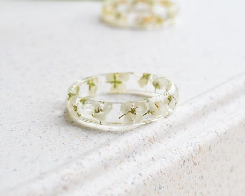 Purity Ring | Real Flower Engagement Ring | White Alyssum Resin Band | Minimalist Botanical Jewelry | Optional Gold Leaf