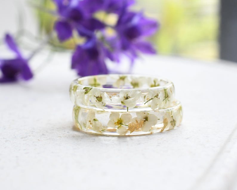 Purity Ring | Real Flower Engagement Ring | White Alyssum Resin Band | Minimalist Botanical Jewelry | Optional Gold Leaf