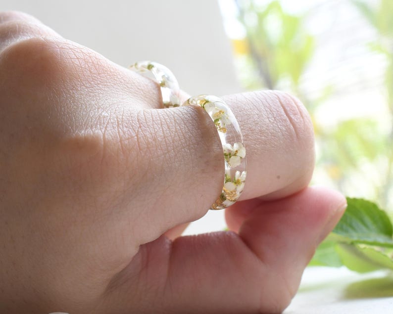 Purity Ring | Real Flower Engagement Ring | White Alyssum Resin Band | Minimalist Botanical Jewelry | Optional Gold Leaf