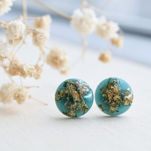 Dainty Emerald Stud Earrings with Gold Flakes - Bridesmaid Gift- Resin Jewelry