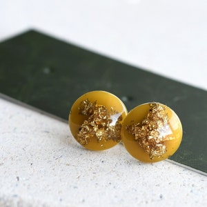 Handmade Amber Resin Stud Earrings with Gold Leaf | Surgical Steel Post Earrings | Resin Jewelry