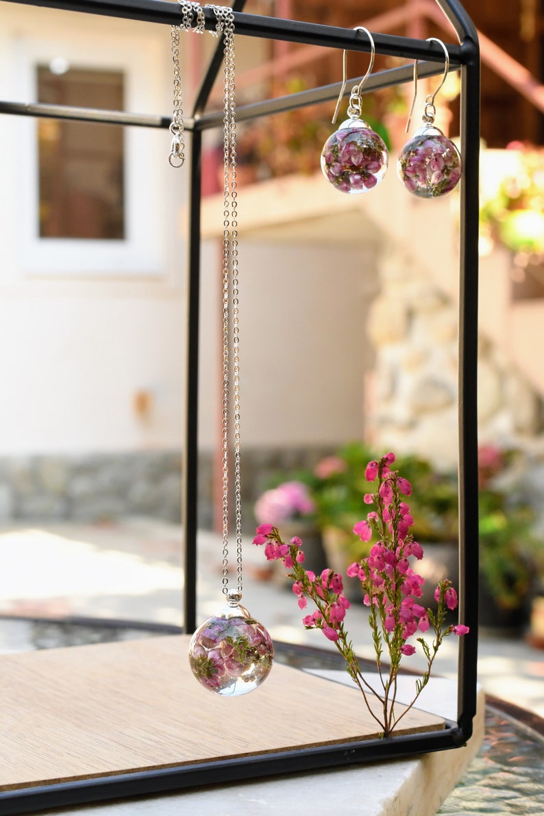 Irish Heather Jewelry Set - Pink Heather Resin Jewelry - Real Flower Earrings - Gift Jewelry Set