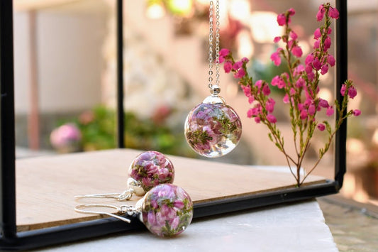 Irish Heather Jewelry Set - Pink Heather Resin Jewelry - Real Flower Earrings - Gift Jewelry Set