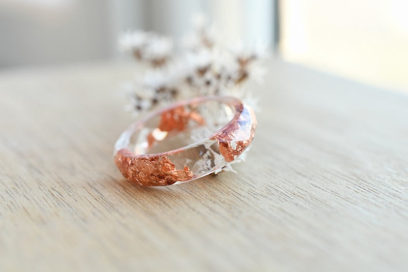 Hypoallergenic Transparent Ring With Rose Gold Leaf - Resin Stacking Ring - Resin Jewelry