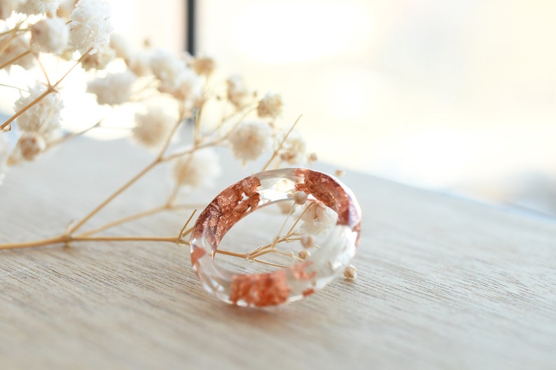 Hypoallergenic Transparent Ring With Rose Gold Leaf - Resin Stacking Ring - Resin Jewelry