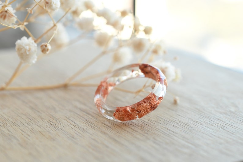 Hypoallergenic Transparent Ring With Rose Gold Leaf - Resin Stacking Ring - Resin Jewelry