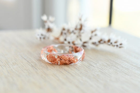 Hypoallergenic Transparent Ring With Rose Gold Leaf - Resin Stacking Ring - Resin Jewelry
