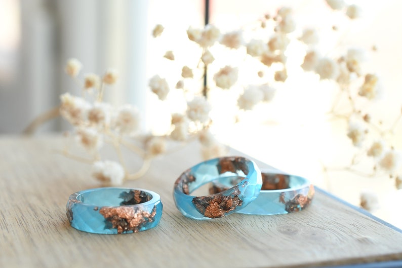 Handcrafted Blue Resin Ring with Rose Gold Leaf – Dainty Stacking & Promise Ring – Unique Alternative Engagement Band