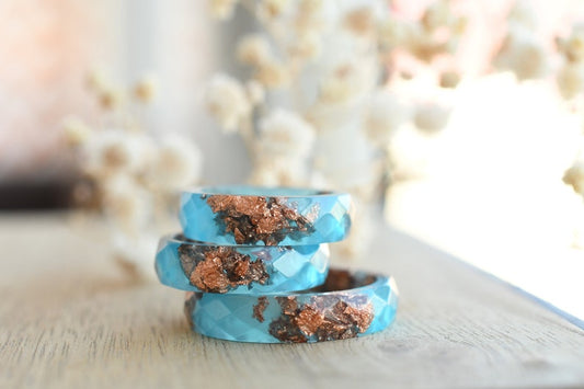 Handcrafted Blue Resin Ring with Rose Gold Leaf – Dainty Stacking & Promise Ring – Unique Alternative Engagement Band