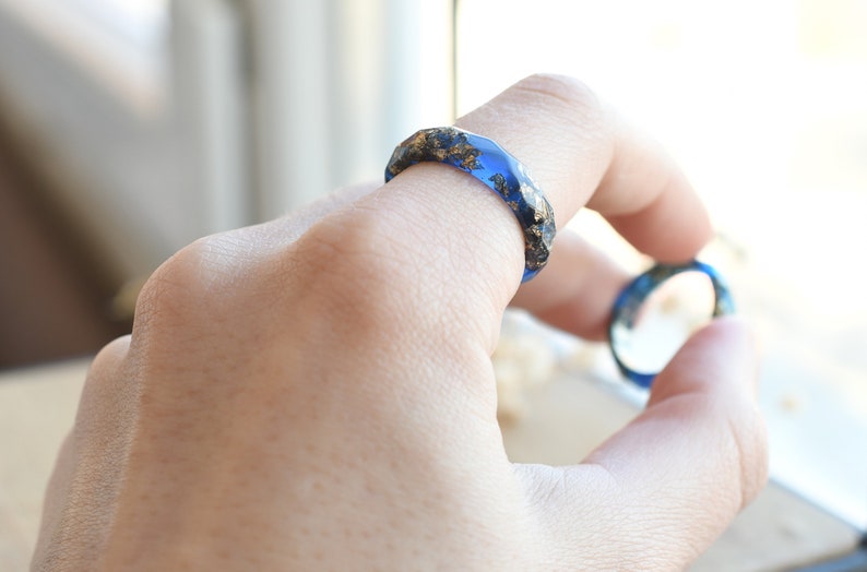 Sapphire Blue Gold Leaf Resin Ring - Unconventional Engagement Ring - Faceted Unique Mens Ring