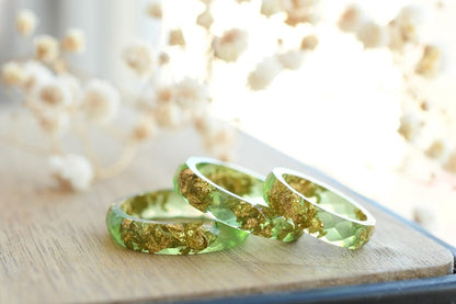 Light Green Faceted Resin Ring with Gold Flakes - Faceted Stacking Band Ring Made of Resin