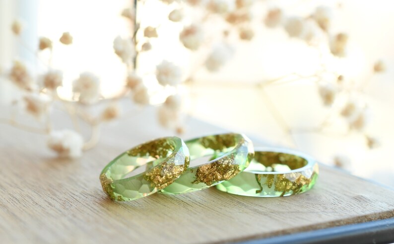 Light Green Faceted Resin Ring with Gold Flakes - Faceted Stacking Band Ring Made of Resin