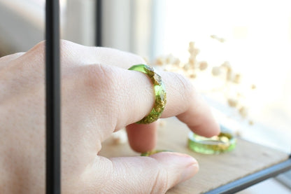 Light Green Faceted Resin Ring with Gold Flakes - Faceted Stacking Band Ring Made of Resin