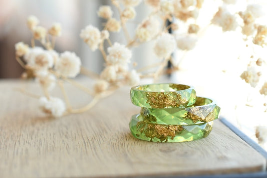 Light Green Faceted Resin Ring with Gold Flakes - Faceted Stacking Band Ring Made of Resin