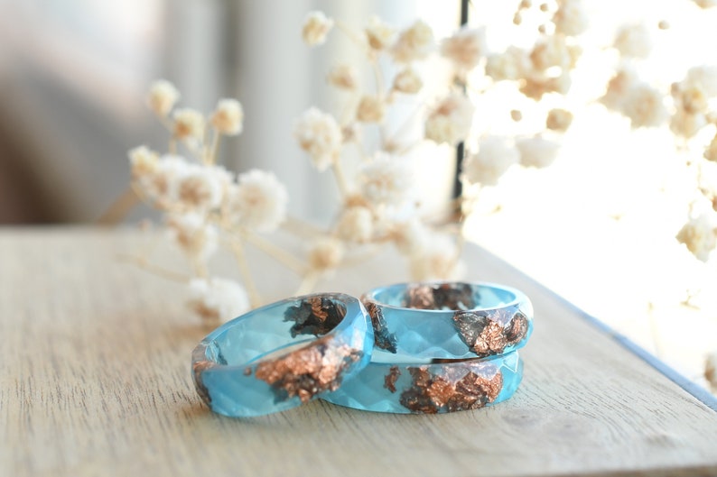 Handcrafted Blue Resin Ring with Rose Gold Leaf – Dainty Stacking & Promise Ring – Unique Alternative Engagement Band