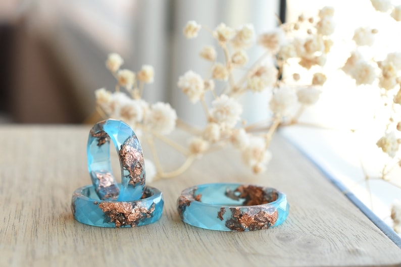 Handcrafted Blue Resin Ring with Rose Gold Leaf – Dainty Stacking & Promise Ring – Unique Alternative Engagement Band
