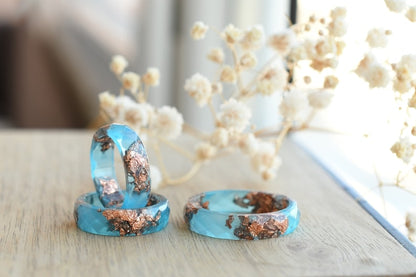 Handcrafted Blue Resin Ring with Rose Gold Leaf – Dainty Stacking & Promise Ring – Unique Alternative Engagement Band